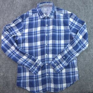 Bugatchi Shirt Medium Shaped Fit Blue Plaid Long Sleeve Button Up 100% Linen